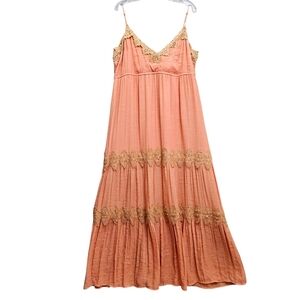 Other Girls Bohemian Soul Peach Gauzy Tan Embroidered Lace Tie Back Maxidress